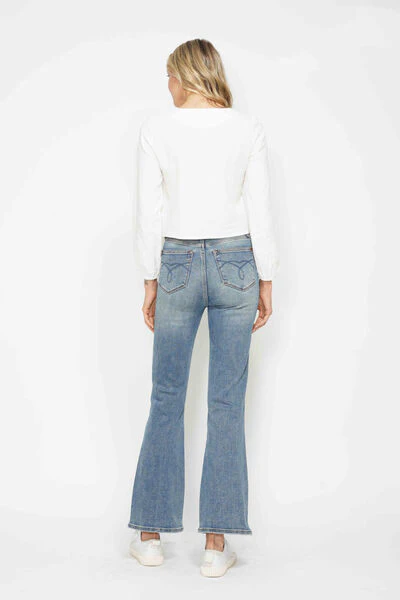 Blue Full Size Tummy Control Back Embroidered Pocketed Bootcut Jeans - Multiple Lengths