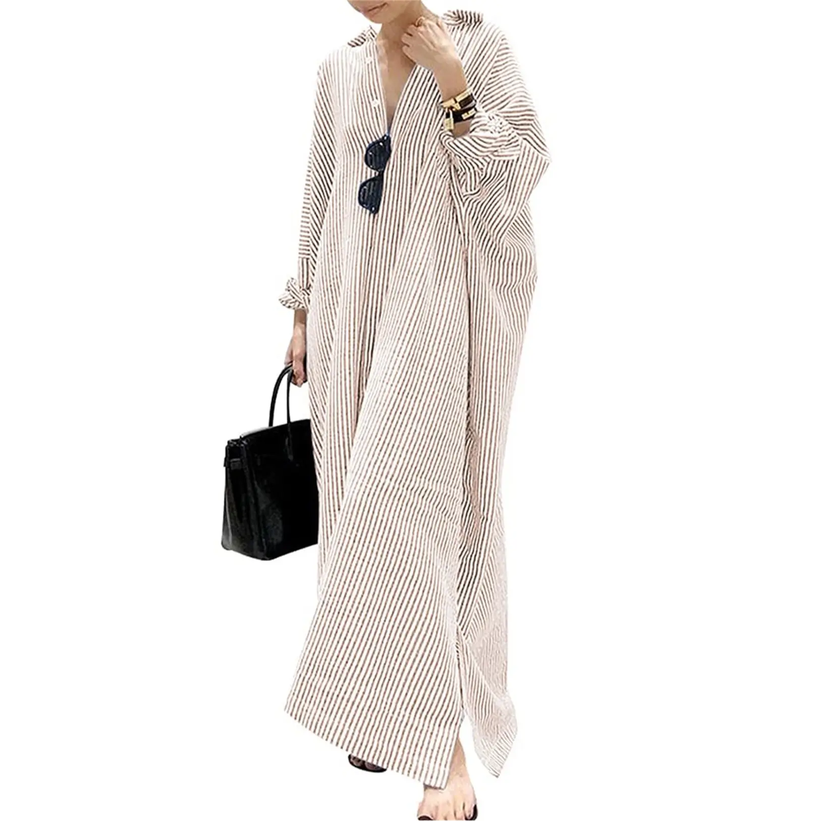 Women's Casual Long Sleeve Button Down Loose Striped Cotton Maxi Shirt Dress – Batwing Sleeves Breathable Lightweight Beach Caftan