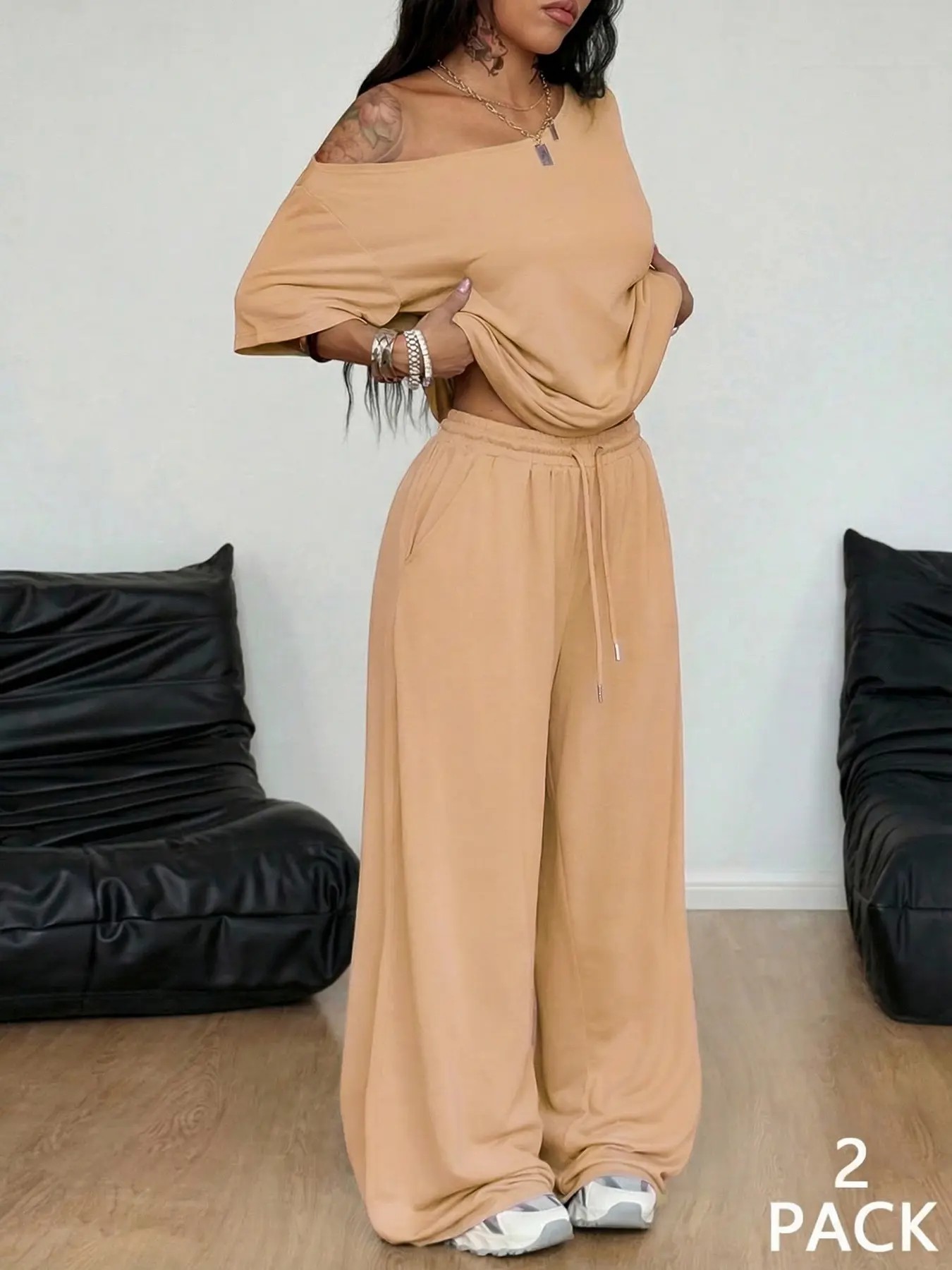 Women's Minimalist Basic Daily Wear Casual Going Out Sport Comfortable Off Shoulder T-Shirt And Wide Leg Pants Two Pieces Outfits