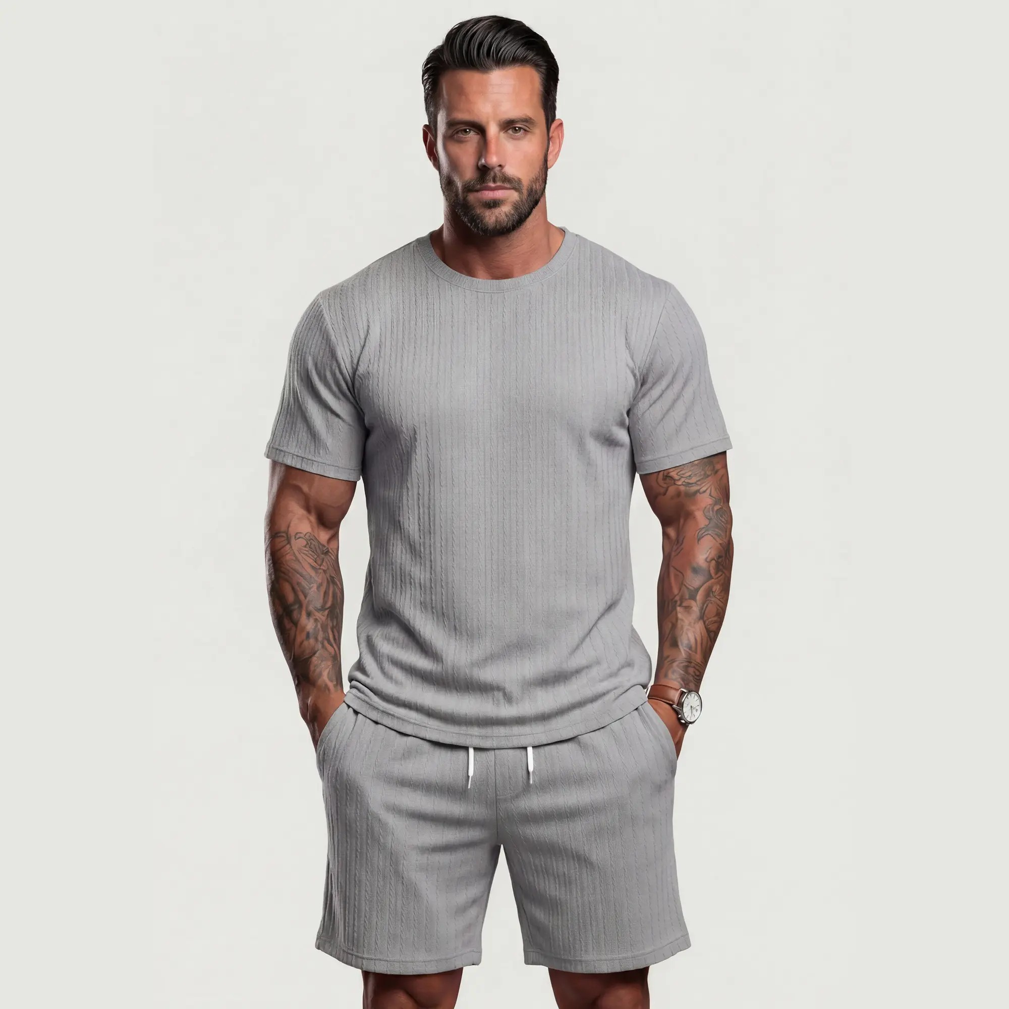 Men's Solid Textured Drop Shoulder Short Sleeve Tee & Drawstring Waist Shorts Set