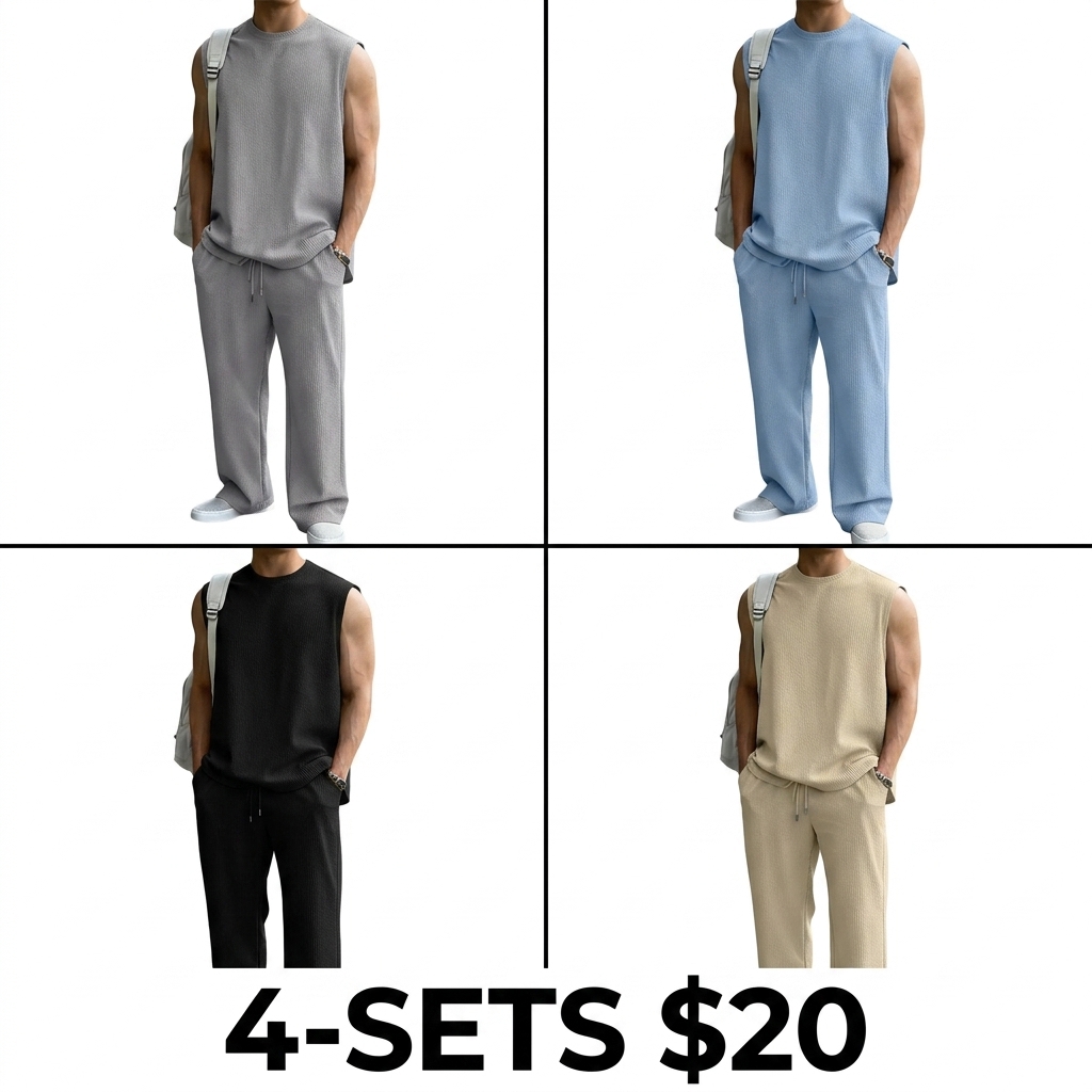 Mens 2 Piece Rib Knit Sweatsuit Summer Sleeveless Tank Top Baggy Wide Leg Pants Set Vacation Beach Outfit for Men