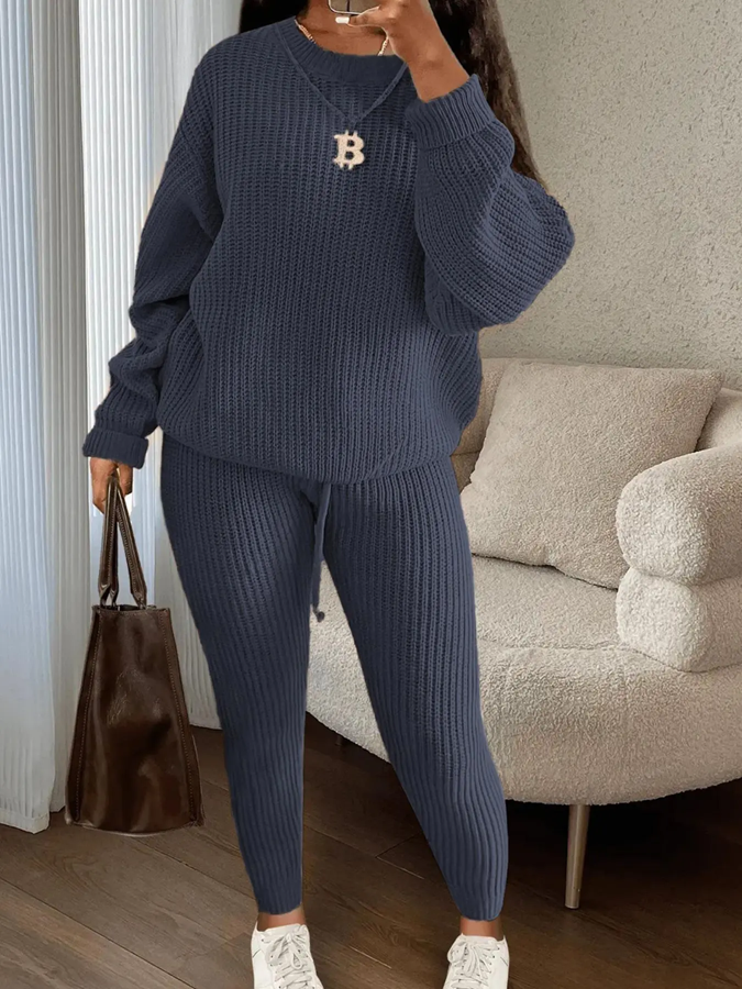 🔥Women's Solid Round Neck Drop Shoulder Sweater & Drawstring Waist Pants Knit Set, Casual Cozy Knitwear for Daily Outdoor Wear, Ladies Fall & Winter Outfits, Women's 2 Pcs Sweater Set