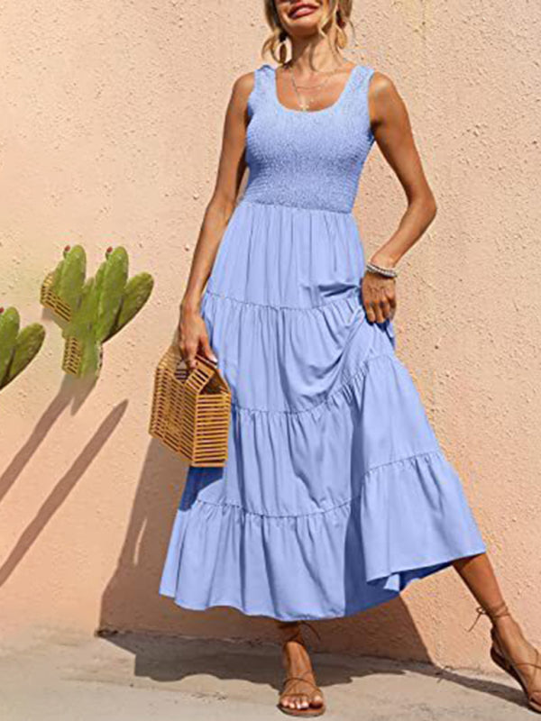 Spaghetti Strap Skirt Pleated Stitching A-Line Large Hem Dress