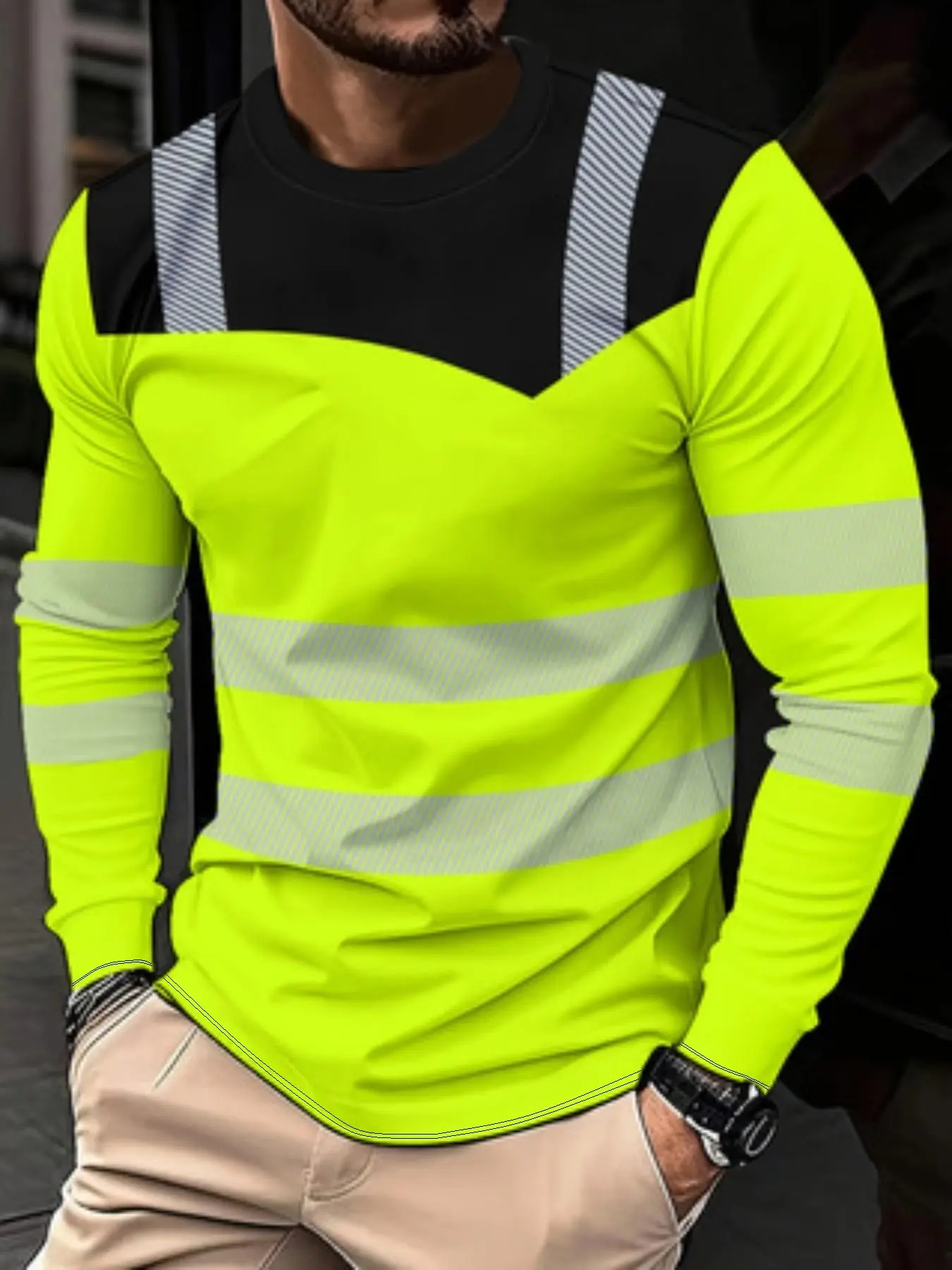 Men's Sport Long Sleeve T-Shirt, Patchwork Color Breathable Quick-Dry Top, Fashion Fitted Short Length, Spring & Fall Wear