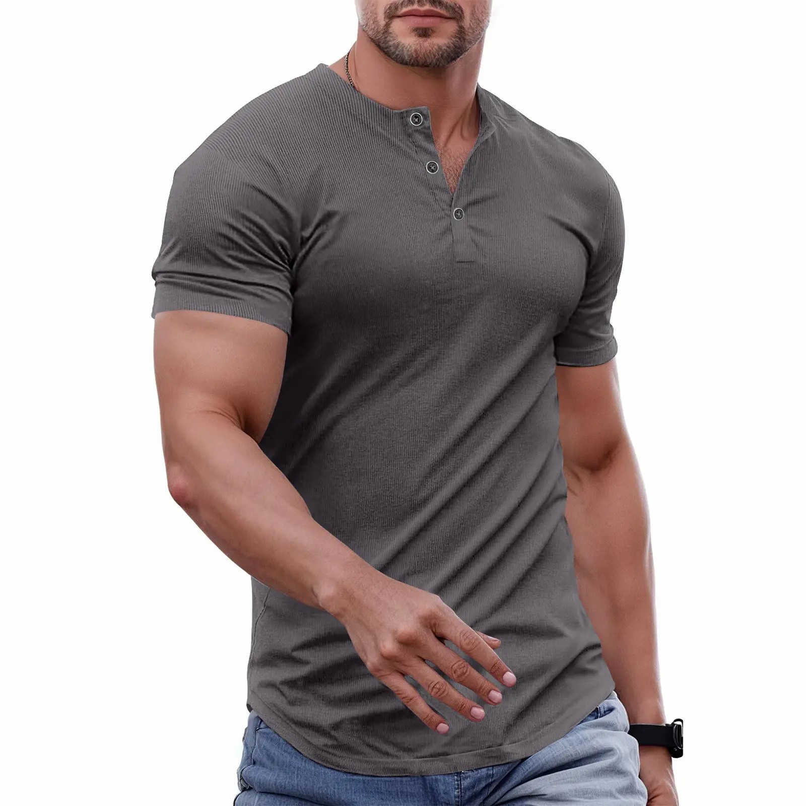 Men's Slim Fit Henley T-Shirt – Muscle Fit Longline Crewneck with Button Detail, Gym & Streetwear
