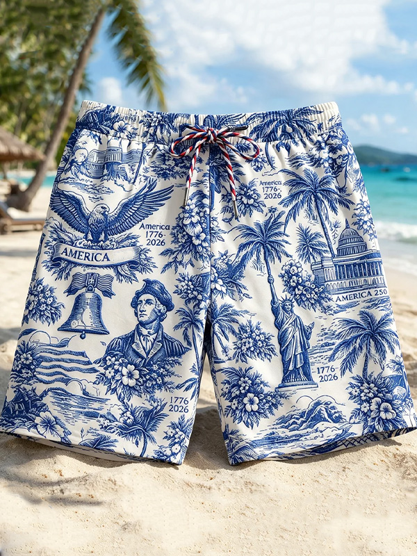 Men's America 1776-2026 Toile Print Art Print Beach Casual Shorts
