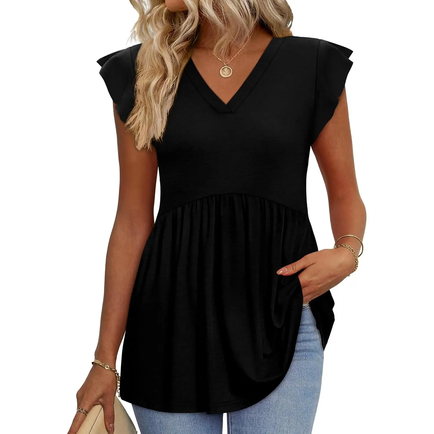 Womens Summer Tops 2026 Babydoll Shirts Ruffle Sleeve Spring Outfits Dressy Casual Blouses