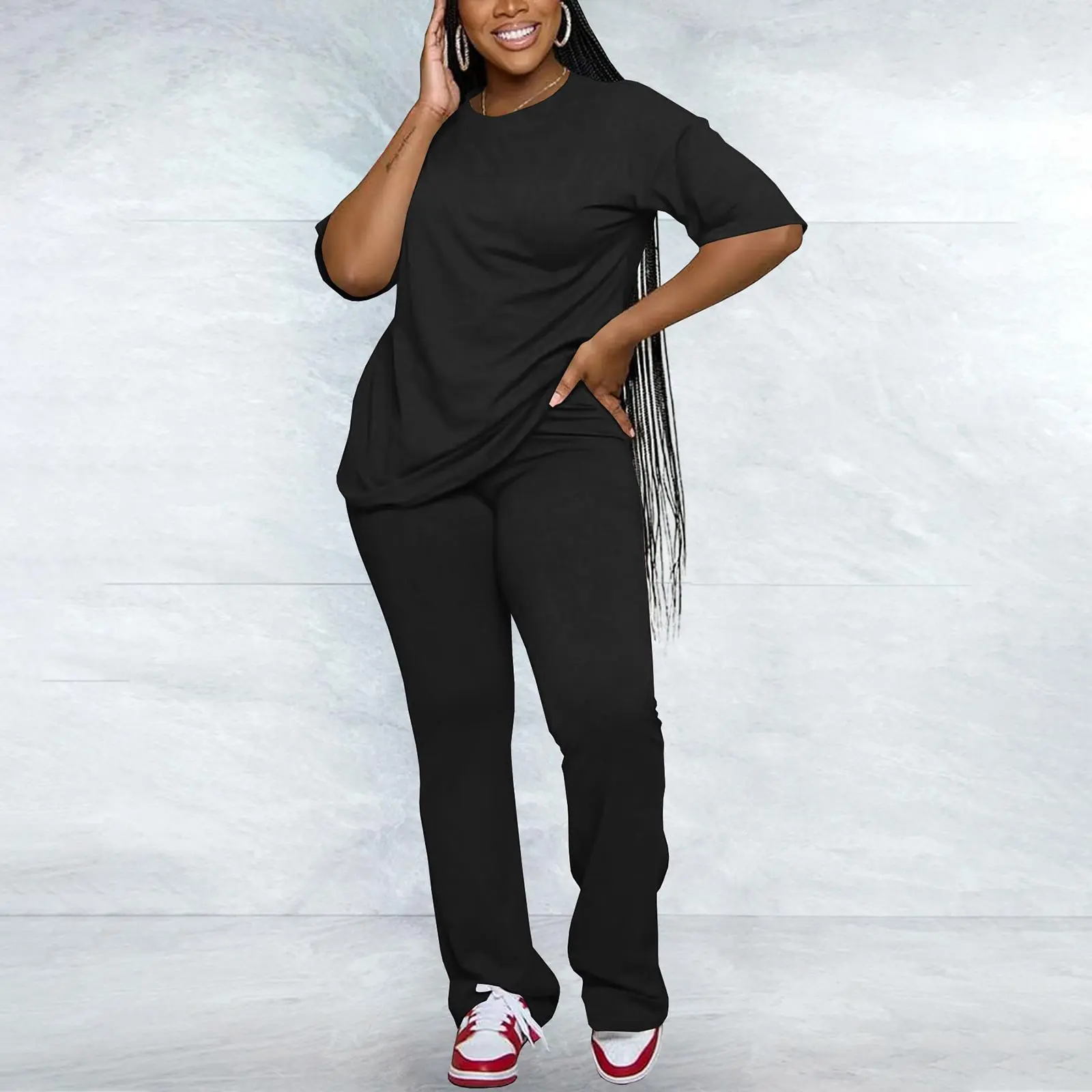 Women's Solid Drop Shoulder Tee & Pants Two-piece Set