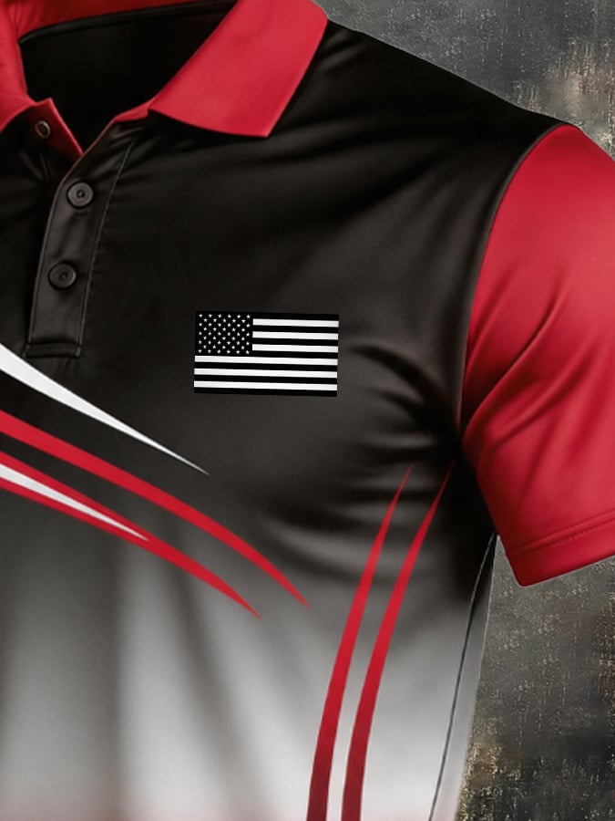 Men's Retro Patriotic Color-Block Short-Sleeve Polo Shirt