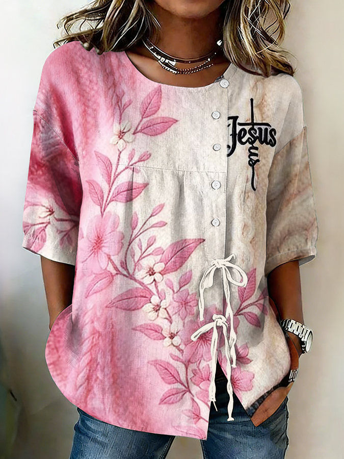 Women'S Faith Flower Art Printed Cotton Linen Casual Shirt