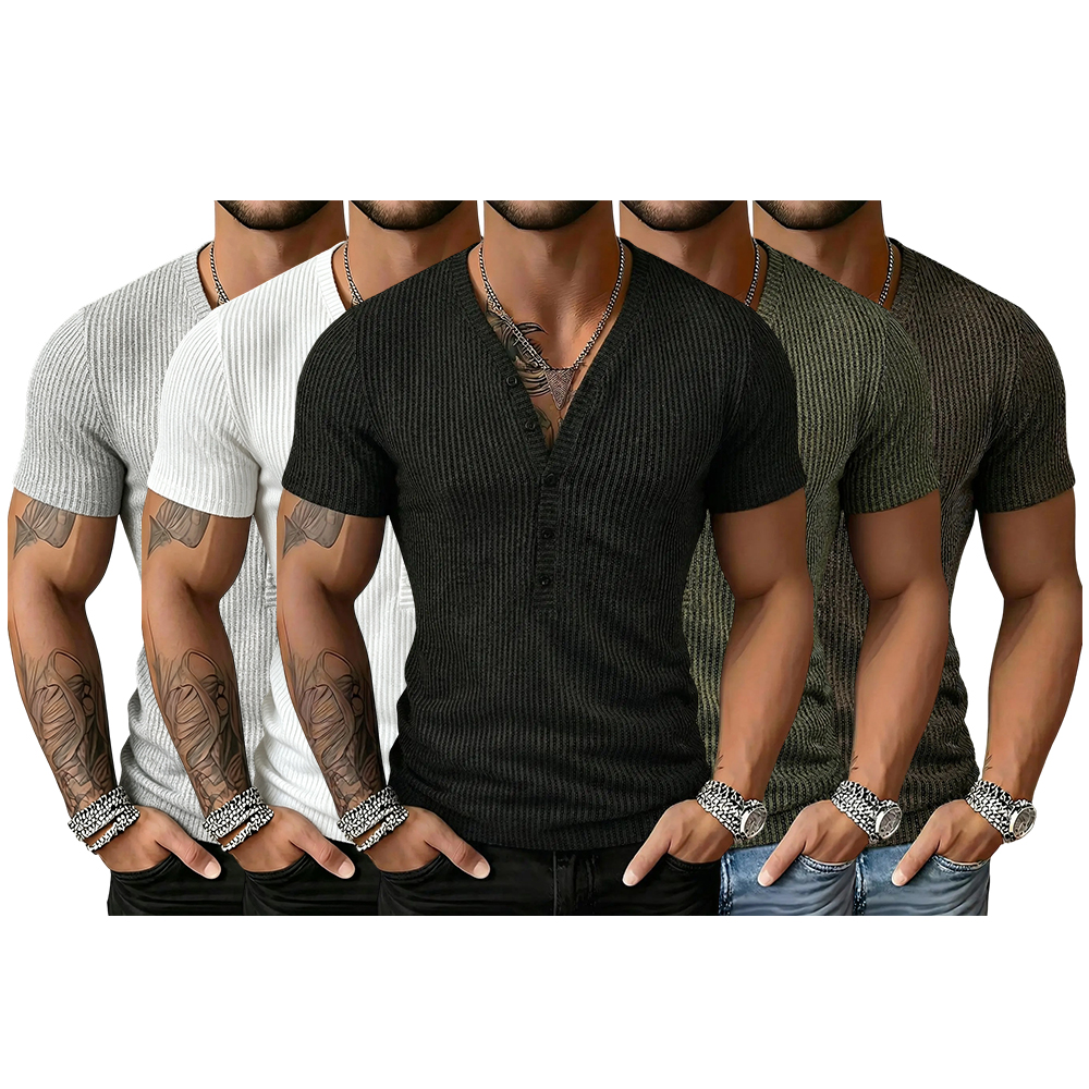 Men's Spring Textured Dual-Color Striped Deep V-Neck Short Sleeve Sports Top, Casual Sportswear Gym Tee, Athletic Workout Shirt, Athletic Fitness Top