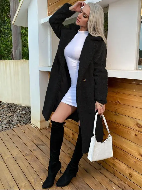 Women Faux Fur Pocket Button Lapel Coat