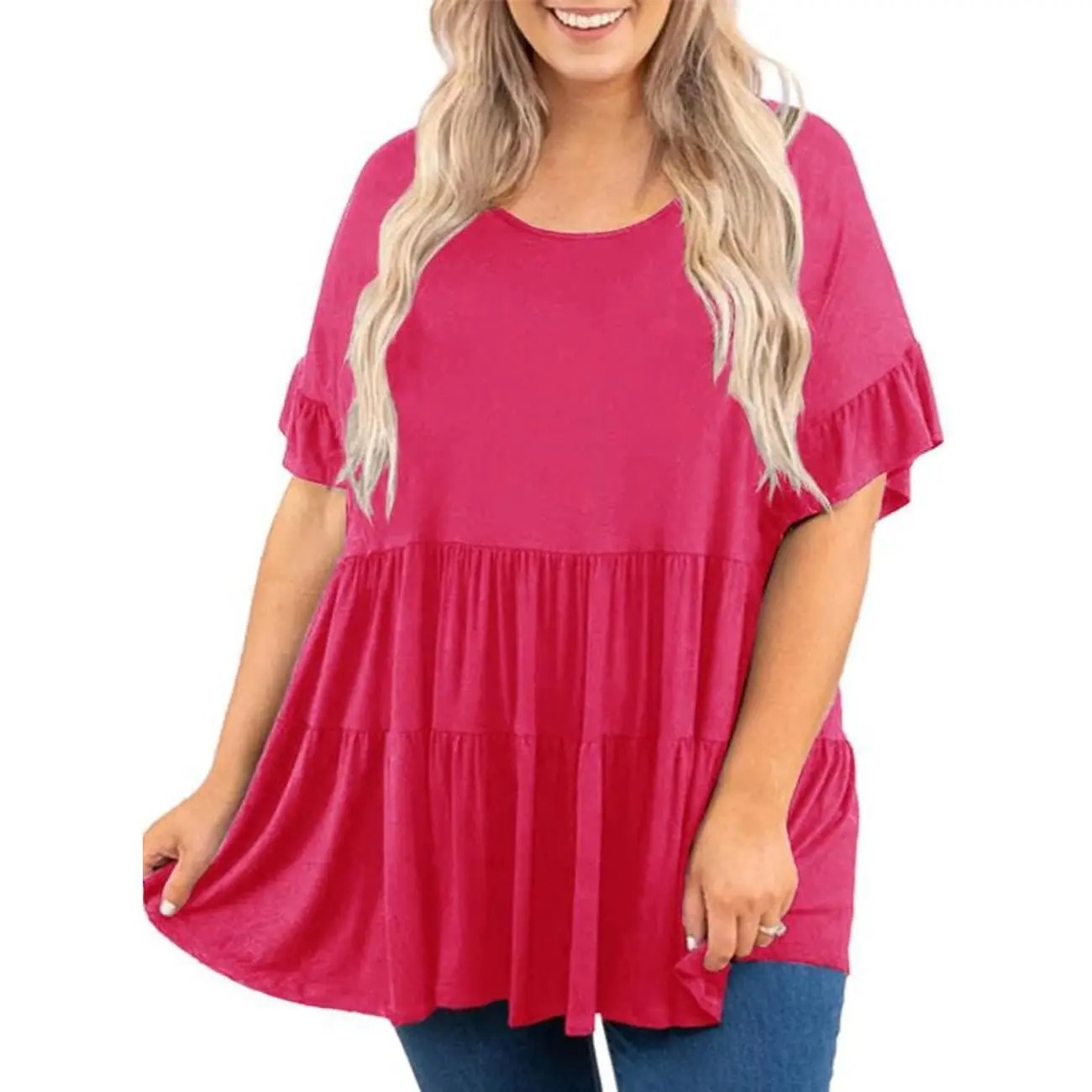 Women's Plus Size Ruffled Shirt Tops Summer Short Sleeve Loose Blouse Tunics