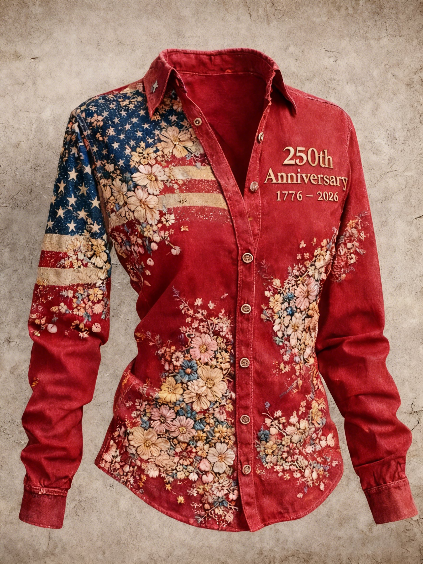Women's Vintage Floral American Flag 250th Anniversary Button Down Shirt