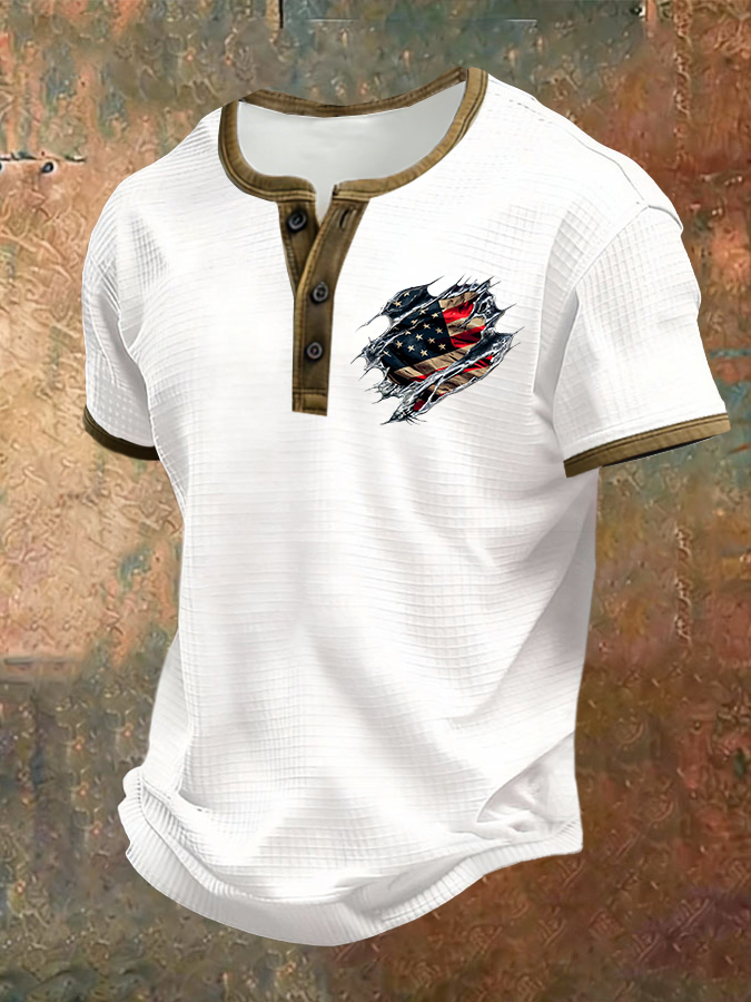 Men'S American Flag Printed Henry Collar Top