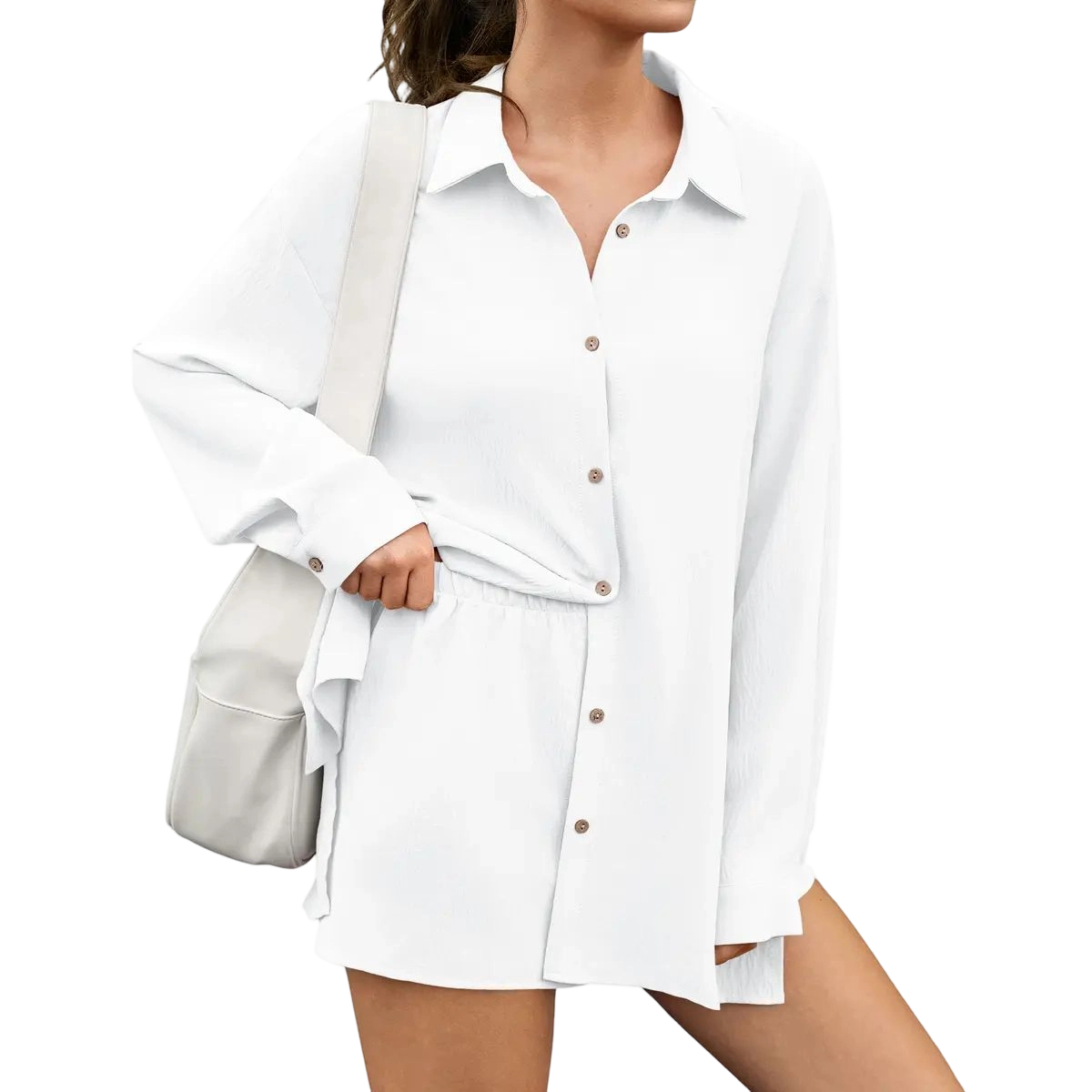 Womens Gauze Shirt & Shorts Set 2-in-1 Button Connected Oversized Long Sleeve Button-Down Top with Attachable Safety Shorts