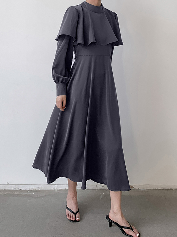 Ruffle Trim Solid Color Tied Waist A-Line Long Sleeves Mock Neck Midi Dresses