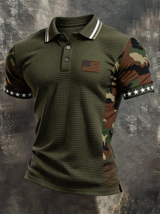 Men's Retro Waffle-Knit Patriotic Color-Block Short-Sleeve Polo Shirt