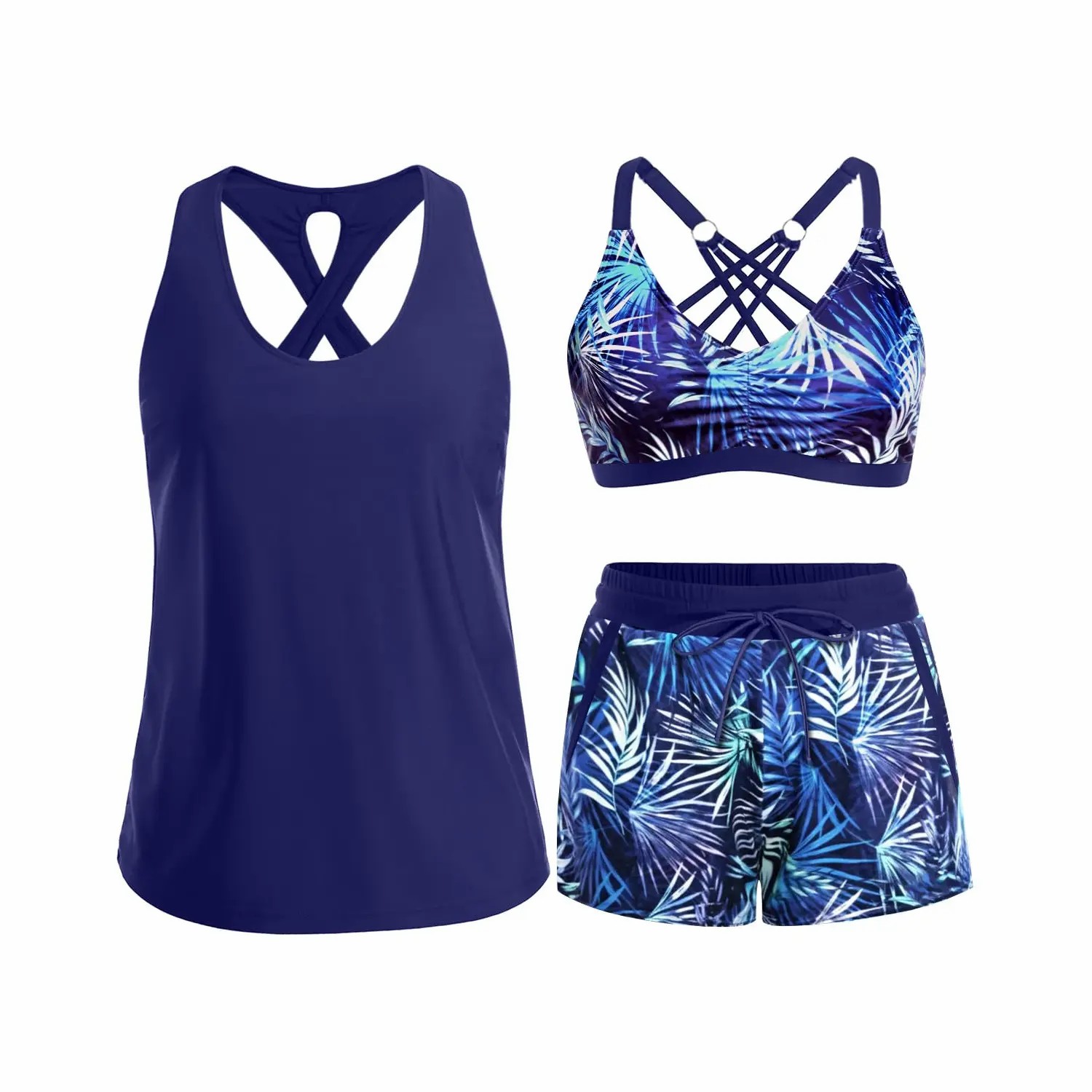 Women's 3-Piece Tankini with Swim Shorts – Modest Athletic Bathing Suit with Pockets