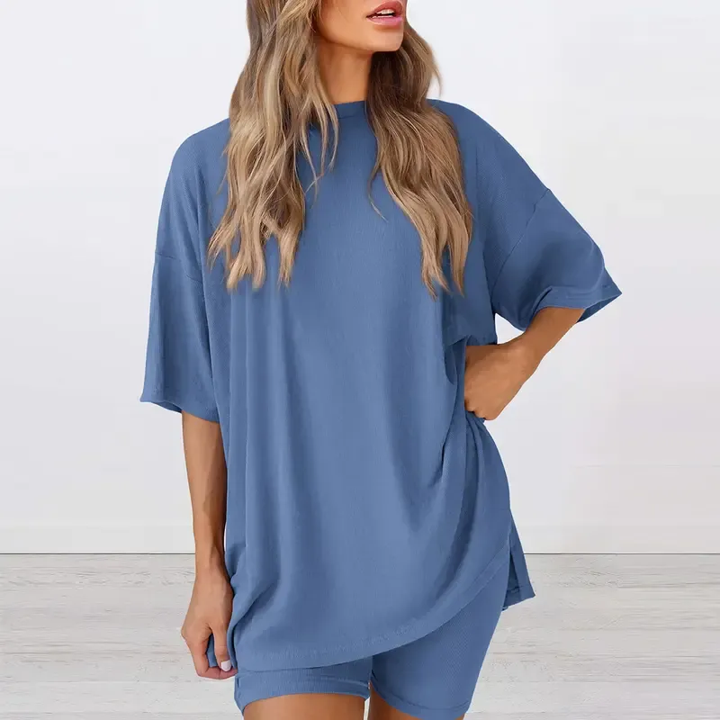Women's Summer Two-Piece Set Casual Oversized Split Hem Shirts