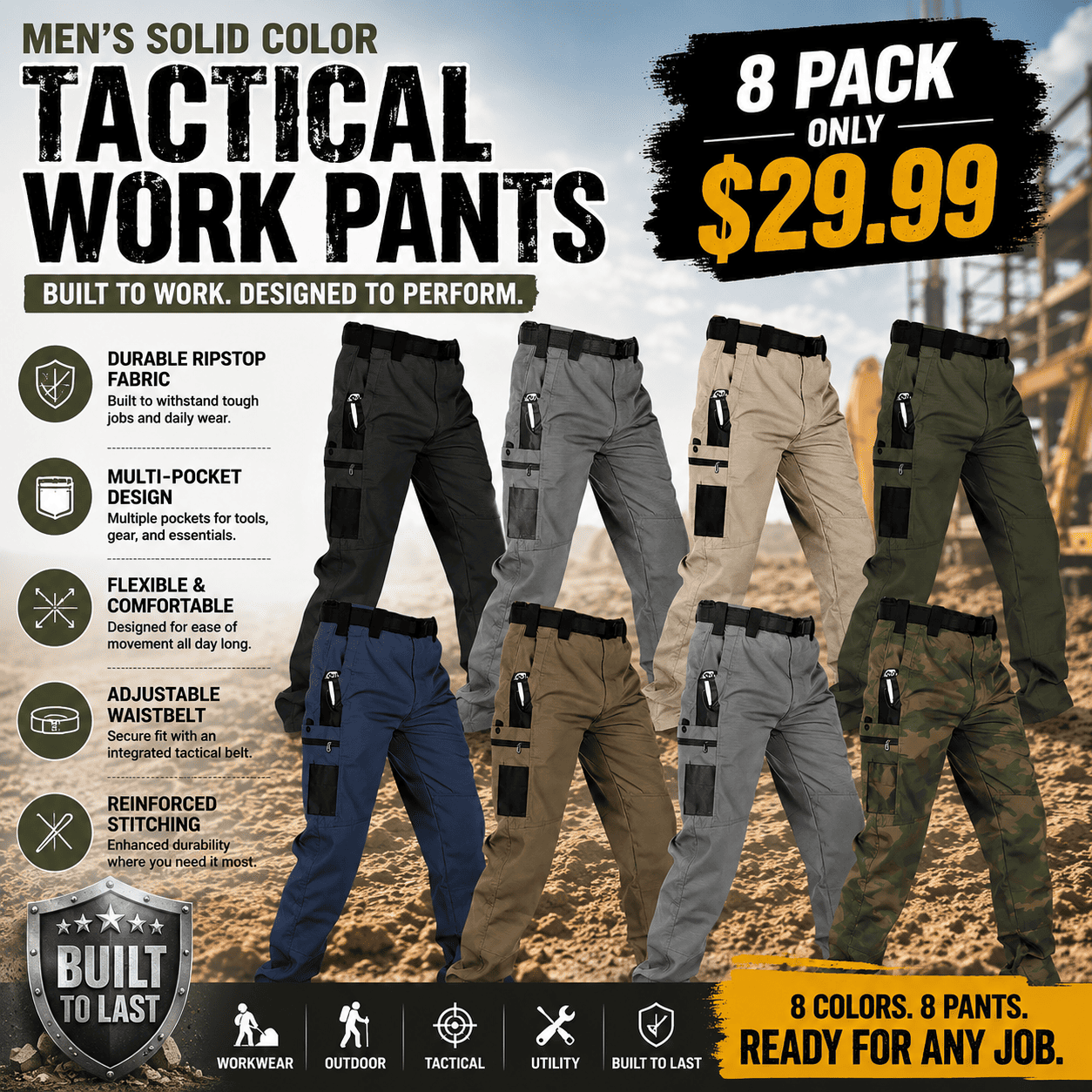 Men's Solid Color Tactical Work Pants Bundle Purchase