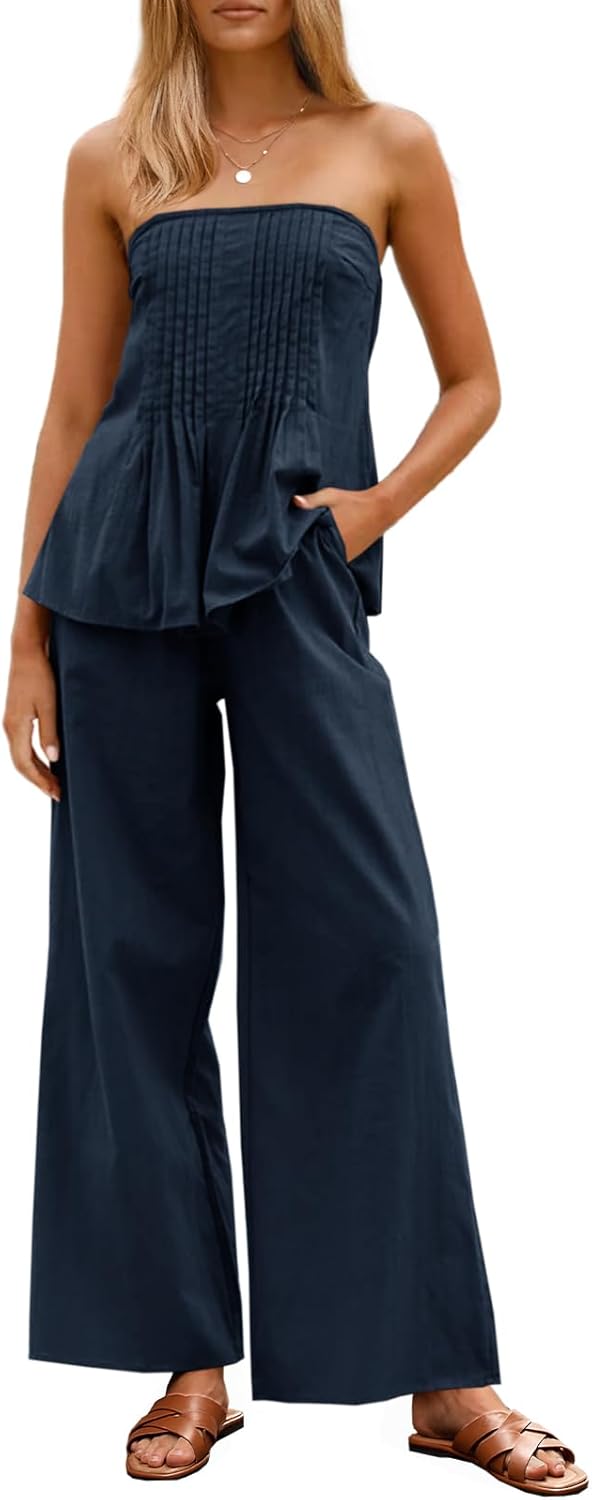 Women's 2 Piece Outfits Summer Strapless Tube Tops Wide Leg Pants Cotton Vacation Pleated Matching Lounge Set
