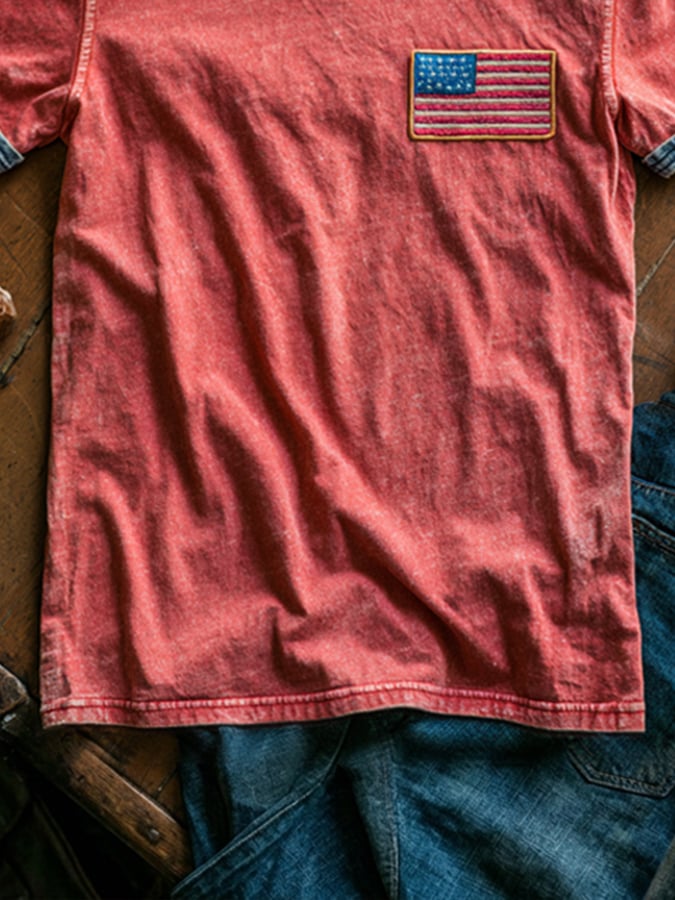 Men's Retro Patriotic Color-Block Crew Neck Short-Sleeve T-Shirt