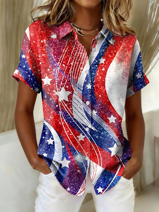 Women'S US Flag Floral Printed Cotton And Linen Shirt