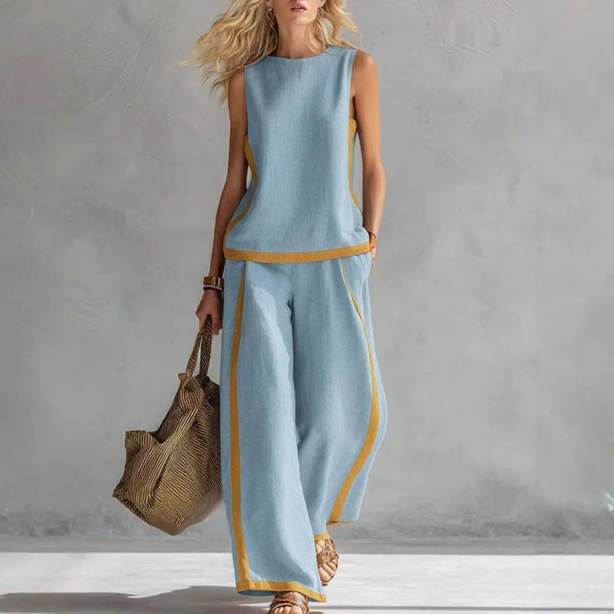 2026 Blend Two Piece Set for Women Sleeveless Color Block Top Wide Leg Pants Set Casual Summer Outfit