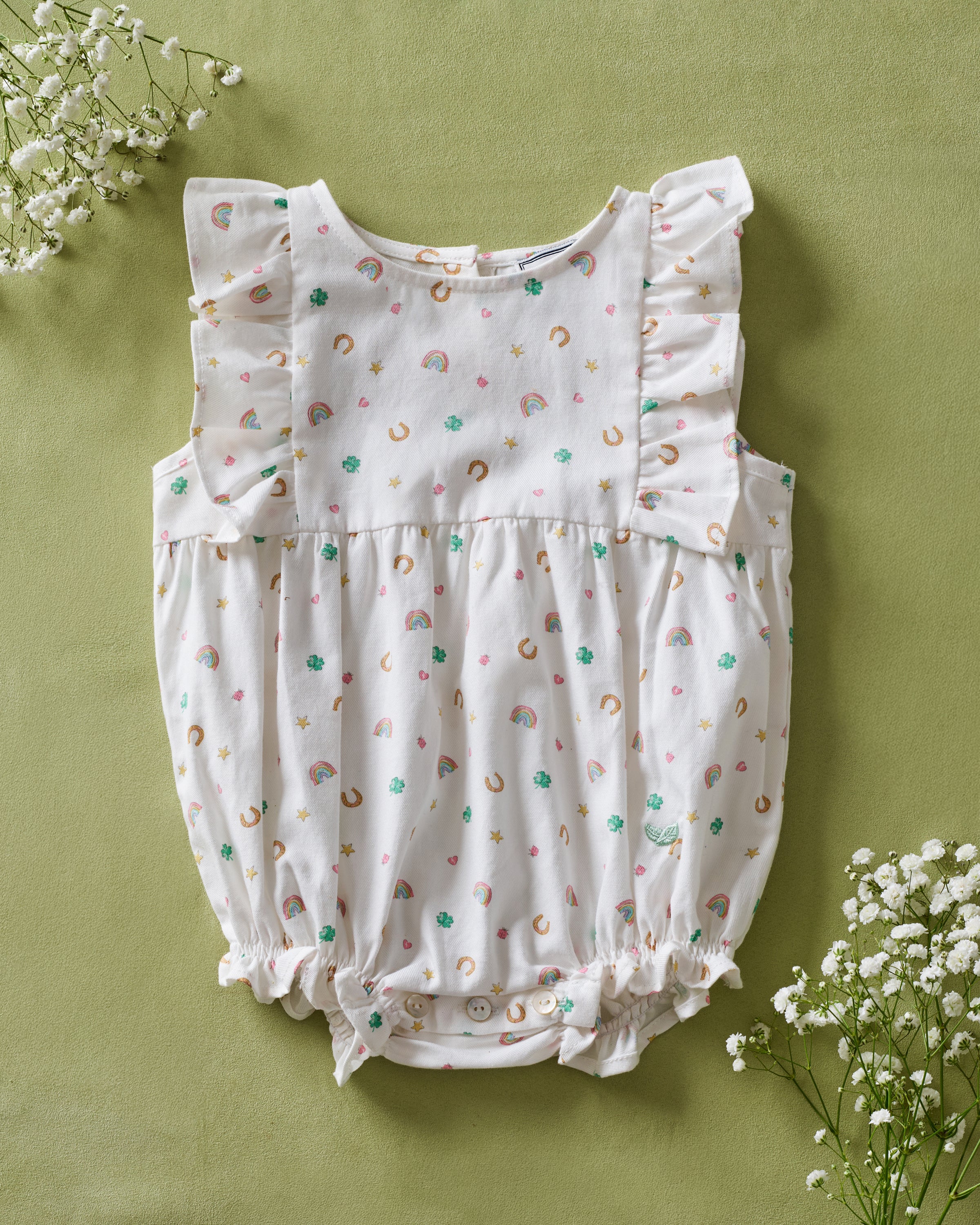 Baby's Twill Ruffled Romper in Good Luck Charms