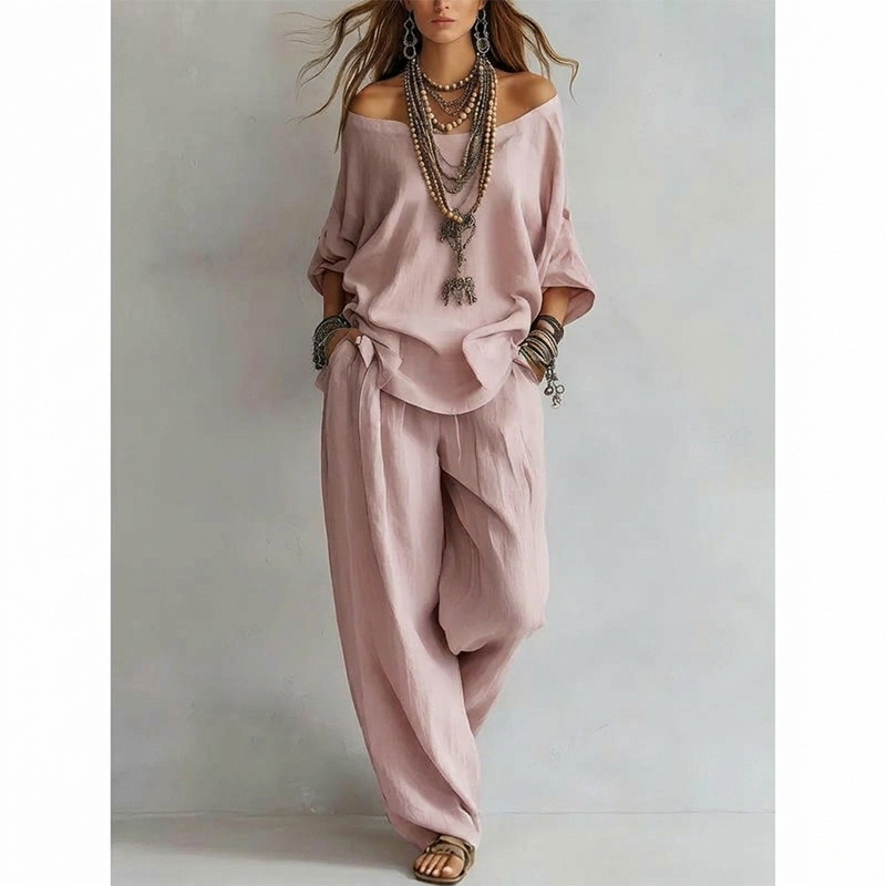 Women's 2-Piece Set, Summer New Casual Elegant Commuting Outfit with Loose 7-Quarter-Sleeved Top and Wide-Leg Pants