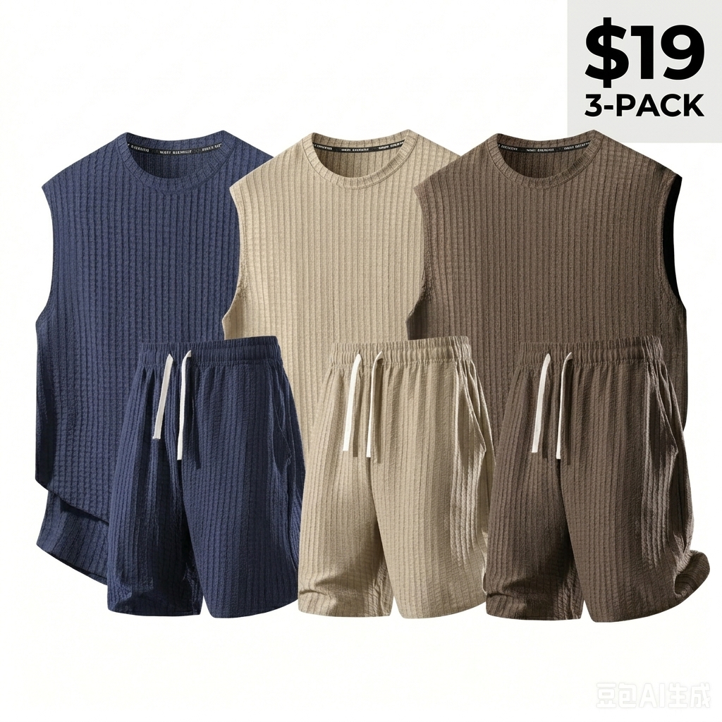 🔥6-Pack Men's Waffle Knit Tank & Shorts Set – Only $24