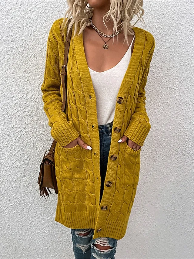 Women's Cardigan Sweater Cowl Cable Knit Faux Fur Button Pocket Summer Fall Long Daily Holiday Going out Stylish Casual Soft Long Sleeve Solid Color Black Yellow Light Green S M L