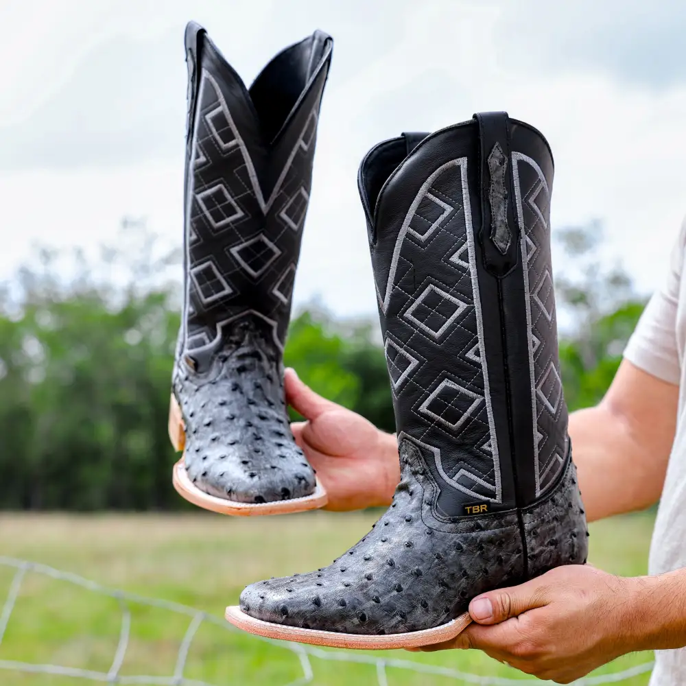 Grey Ostrich Leather Boots - Square Toe