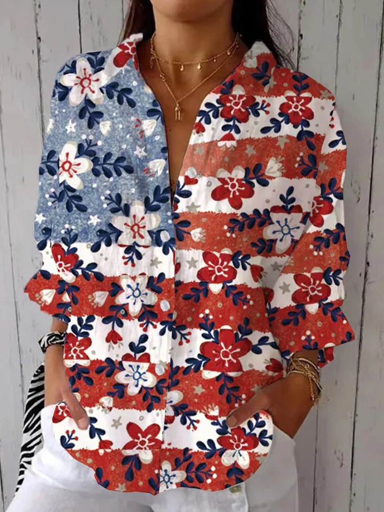 Women's Independence Day Flag Flowers Print Casual Shirt