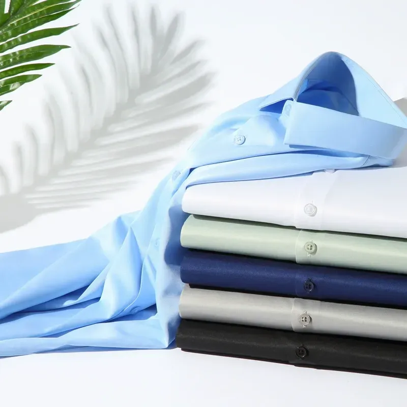 2025 New Elastic Silk White Shirt Men'S Long Sleeve Iron-Free Solid Color Breathable Casual Slim Business Men'S Shirt