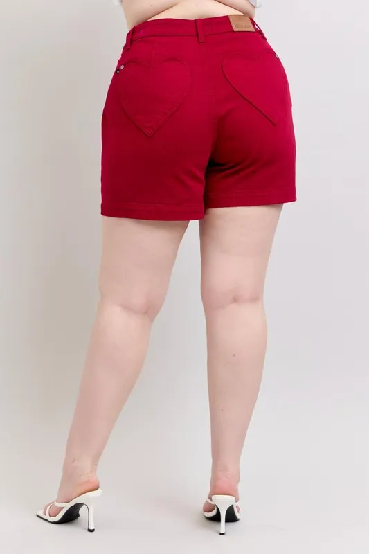 Blue Plus Size High Waist Tummy Control Garment Dyed Heart Shaped Denim Shorts