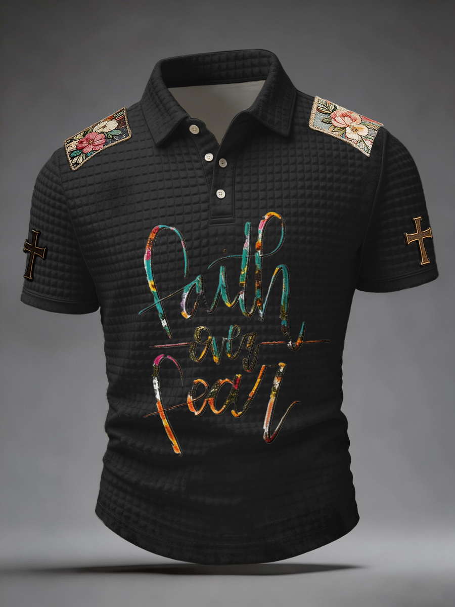 Faith Over Fear Floral Patch Waffle Knit Polo Shirt