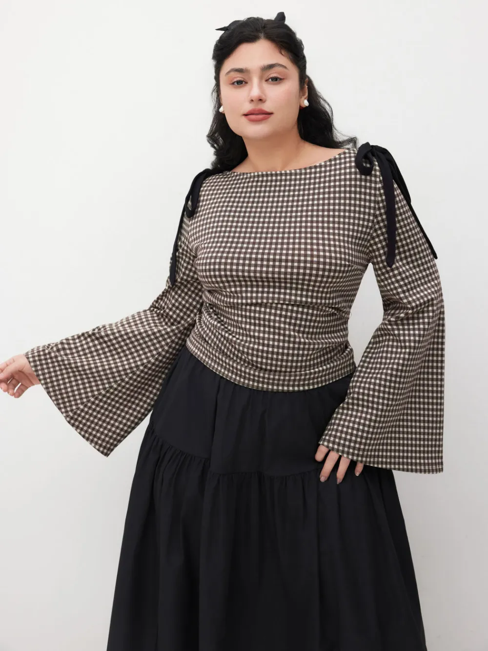 Boat Neck Gingham Bowknot Ruched Long Sleeve Top