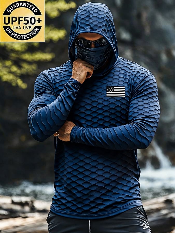 Men'S Outdoor Sun Protection Top: Breathable, Cooling, Long-Sleeve Hoodie With Built-In Face Mask And Contrast Print