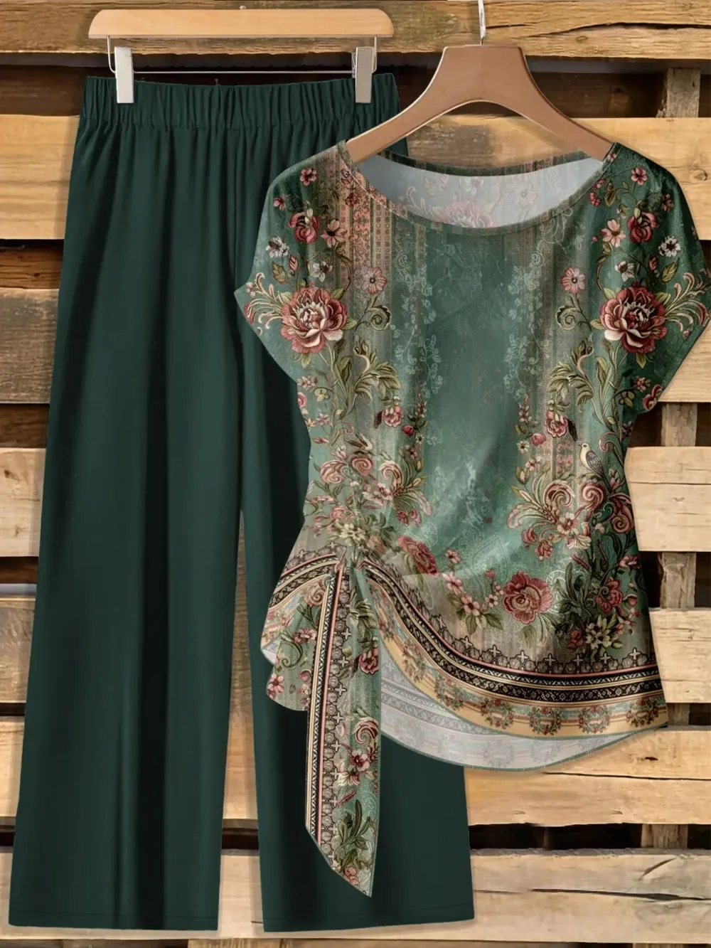 Women's Casual Printed Necktie Shirt and Loose Straight Pants Set