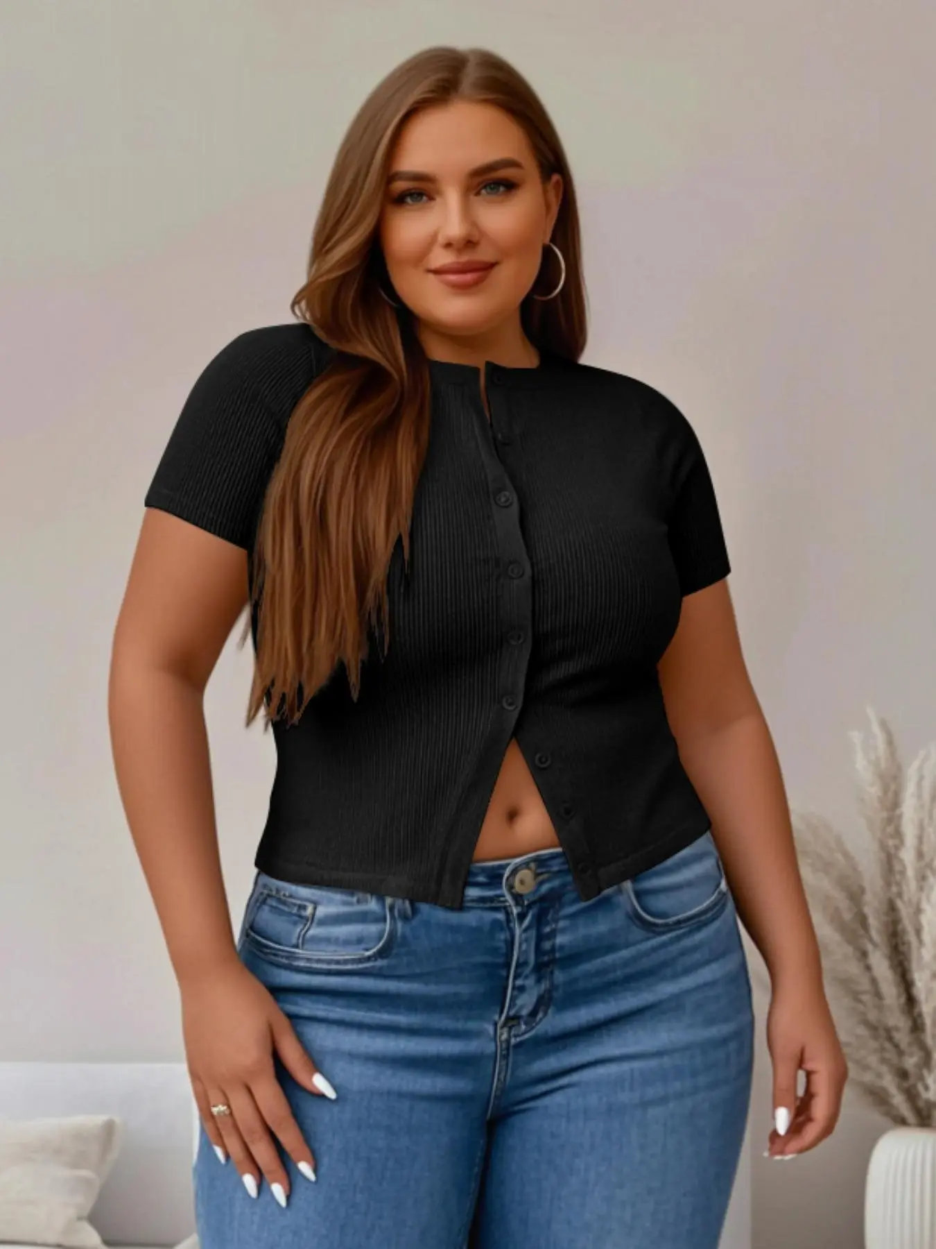 【Plus Size】 Solid Ribbed Short Sleeve Top, Casual Button Front Top for Summer, Women's Plus Clothing for Daily Wear
