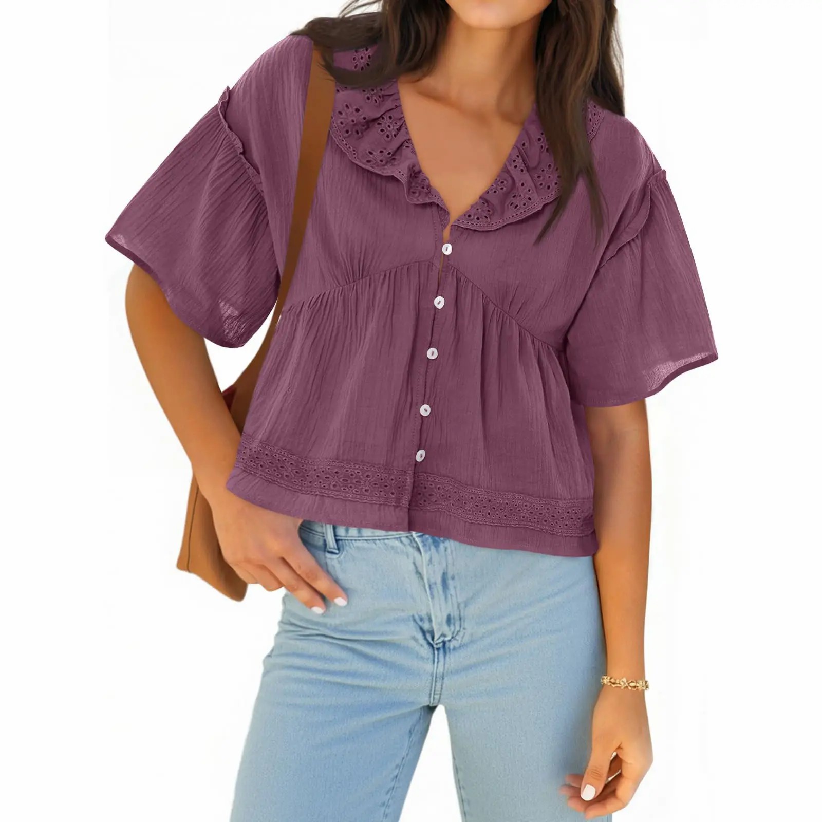 Women's Cropped Babydoll Top – V Neck Eyelet Blouse with Ruffle Sleeves & Button Front