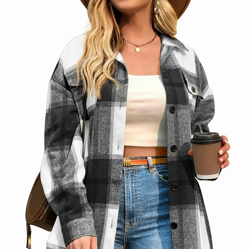 Womens Plus Size Shacket Jacket Flannel Plaid Long Sleeve