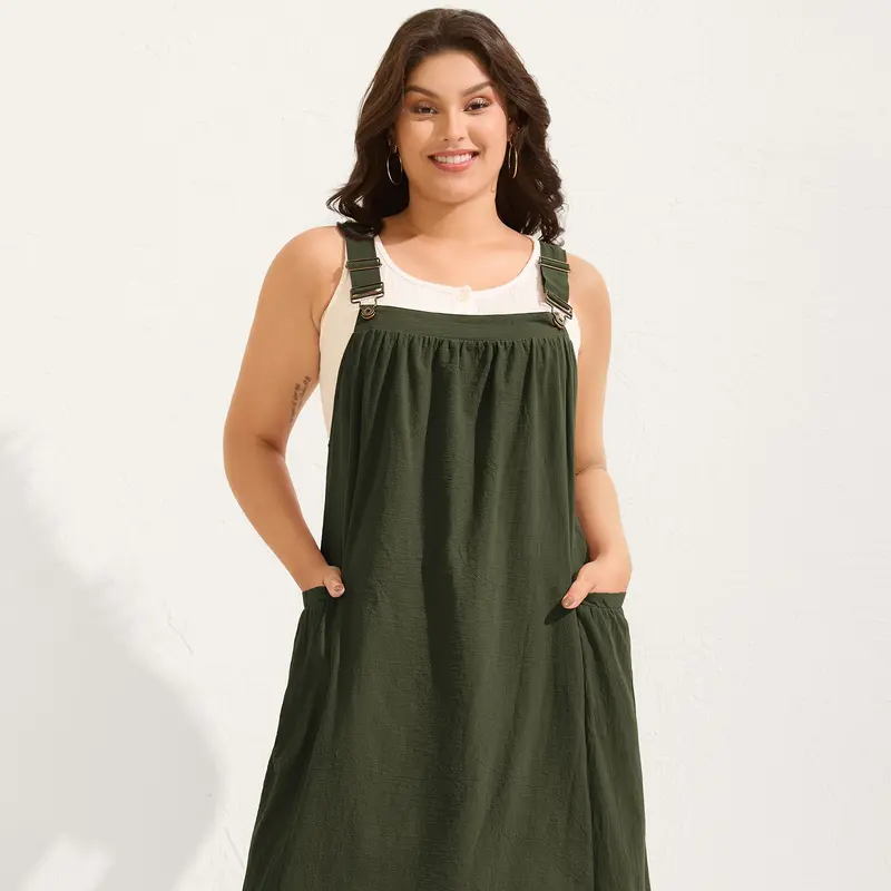 [M-6X] Cotton Pinafore Overall Dress Sleeveless with Square Neckline  Adjustable Strap and Pleated Pockets Breathable Midi Length Side Seam Plus Size Minimalist 2026 Summer Pick for Mother's Day