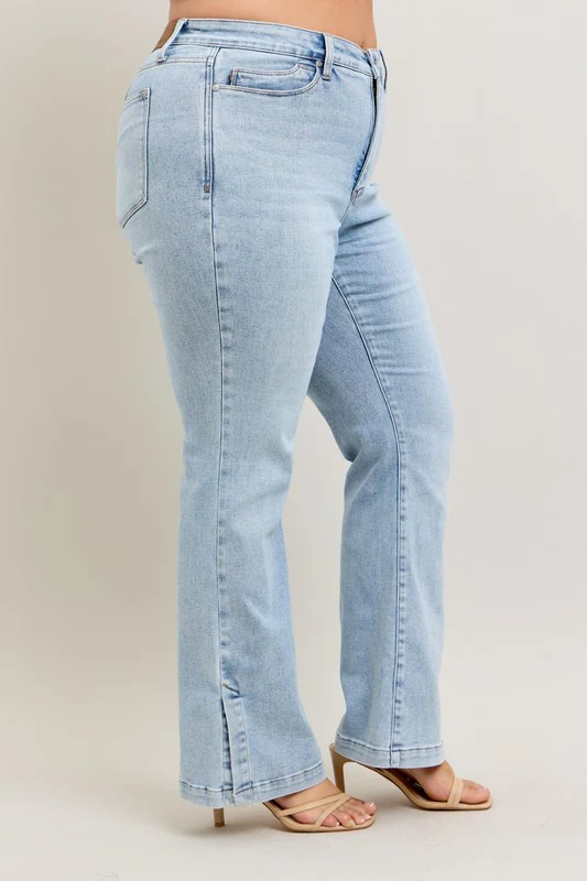 Blue Full Size Tummy Control Vintage Wash Side Slit Slim Boot Jeans Plus Size