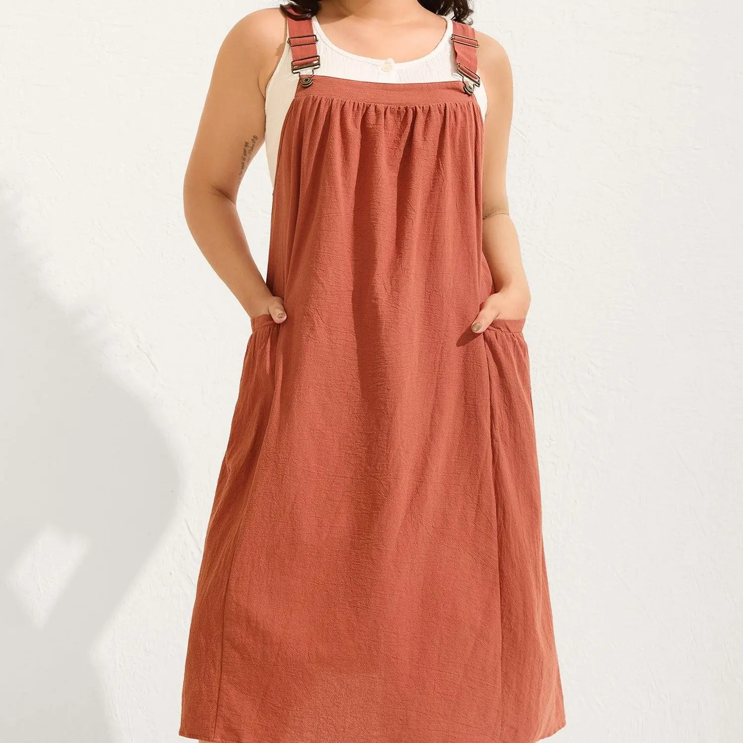 [M-6X] Cotton Pinafore Overall Dress Sleeveless with Square Neckline  Adjustable Strap and Pleated Pockets Breathable Midi Length Side Seam Plus Size Minimalist 2026 Summer Pick for Mother's Day