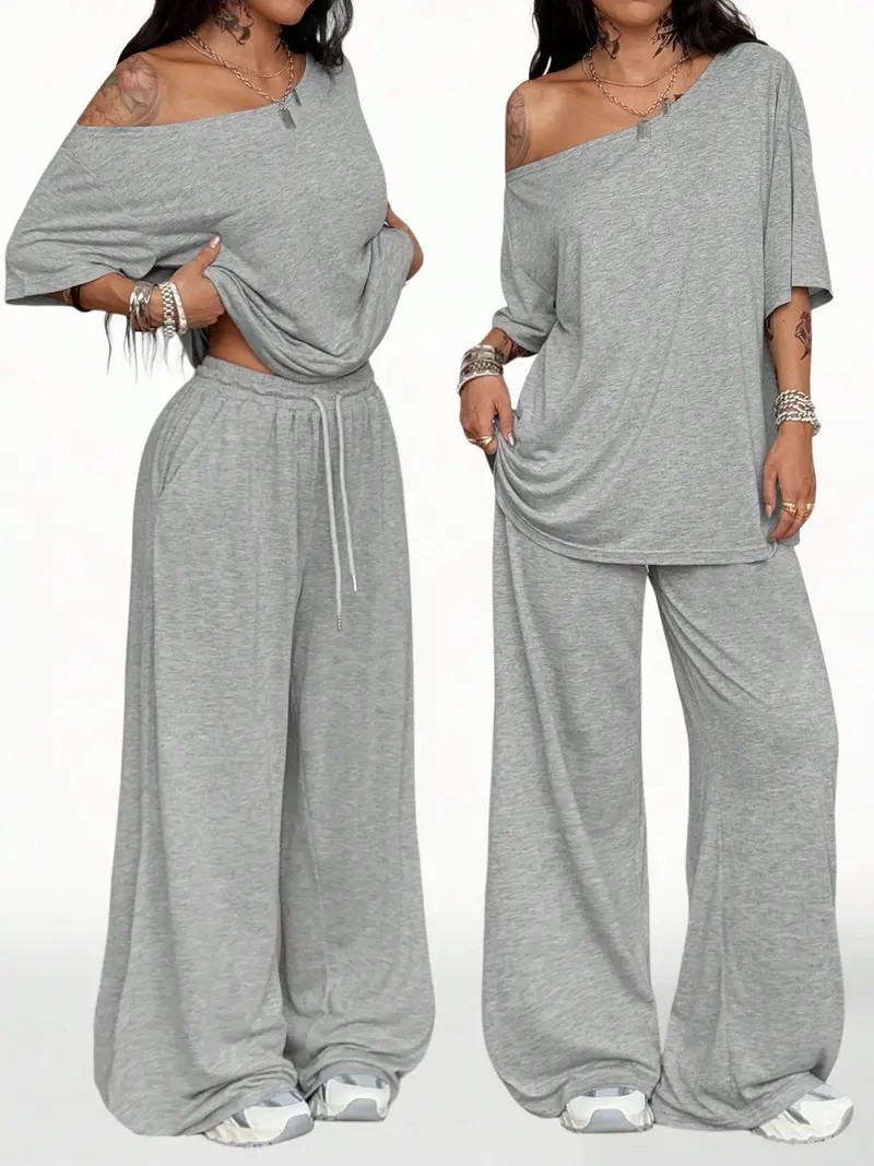 Women's Casual Solid Color Two-Piece Set – Slant Neck Wide Leg Pant Suit