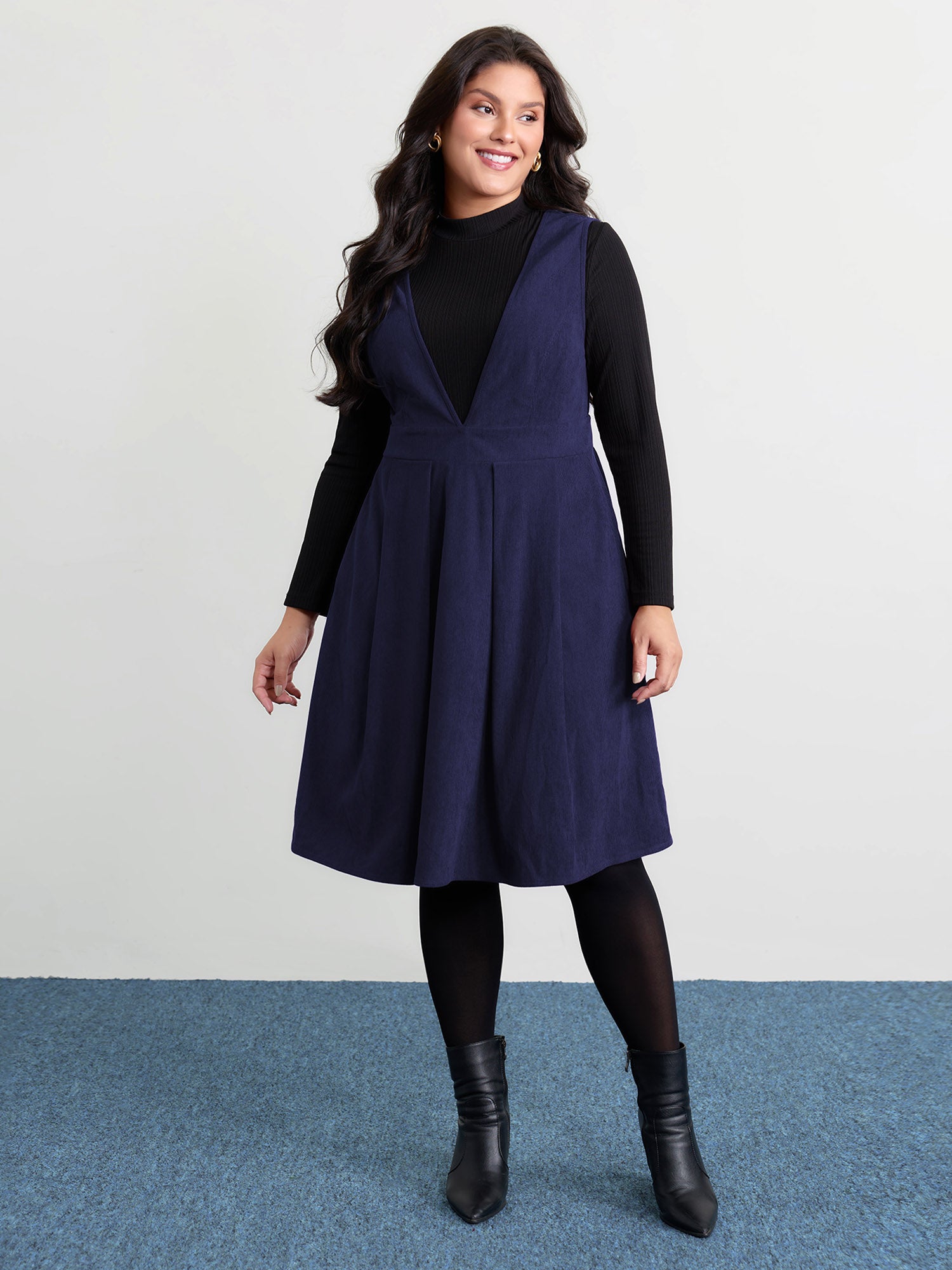 Corduroy Stretchy Waist V-Neck Mini Dress