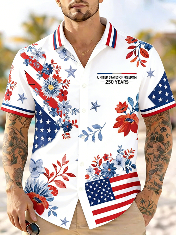 Men'S Casual American Flag Floral Art Print Hawaiian Shirt
